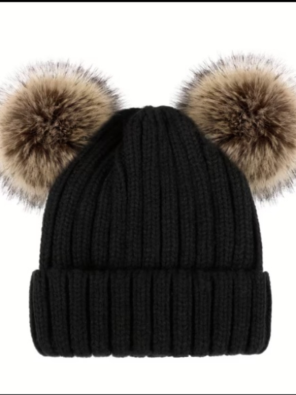 Knit Beanie with Faux Fur Pom Poms - Black